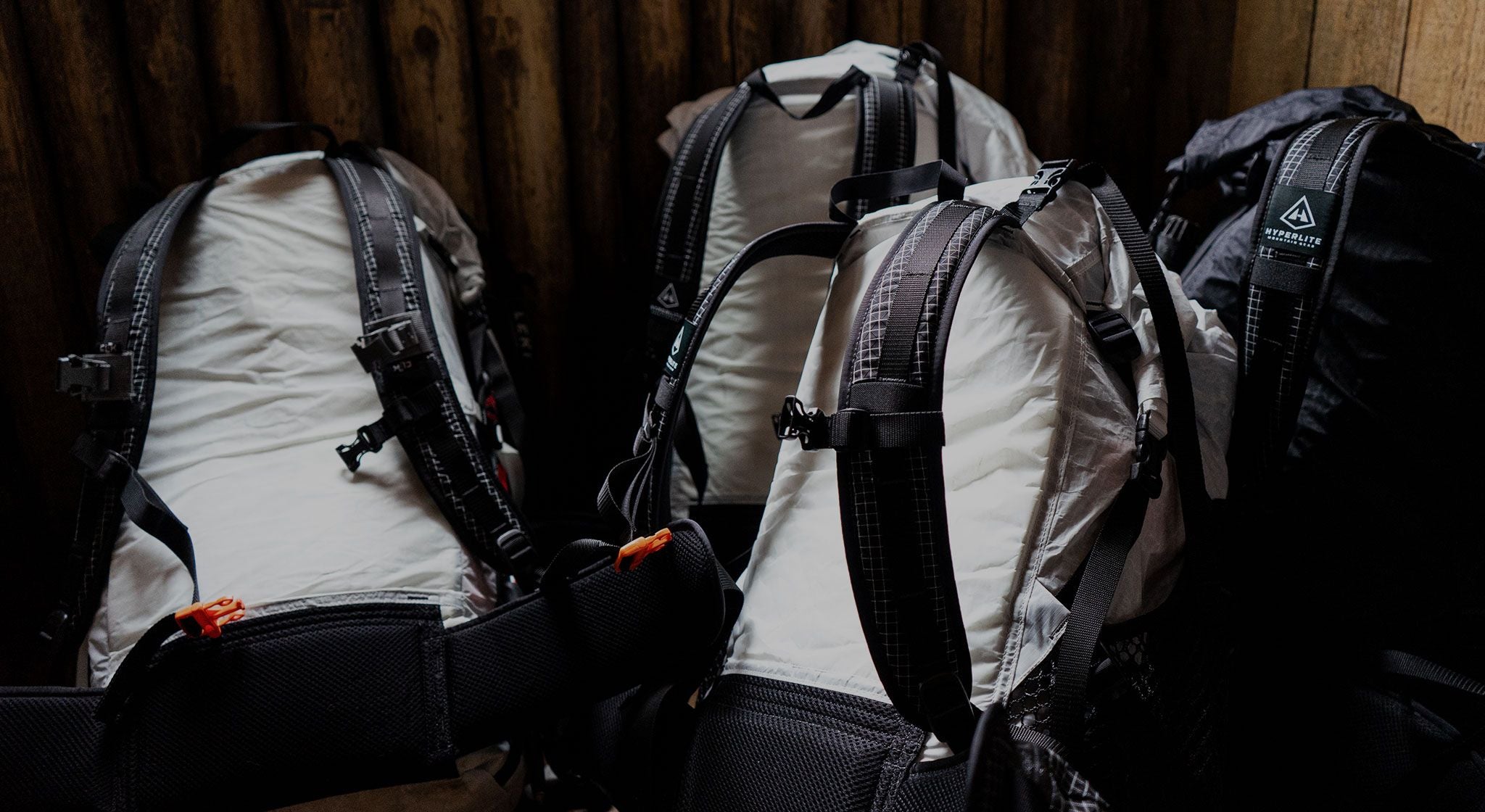 A group of backpacks are lined up in a room.