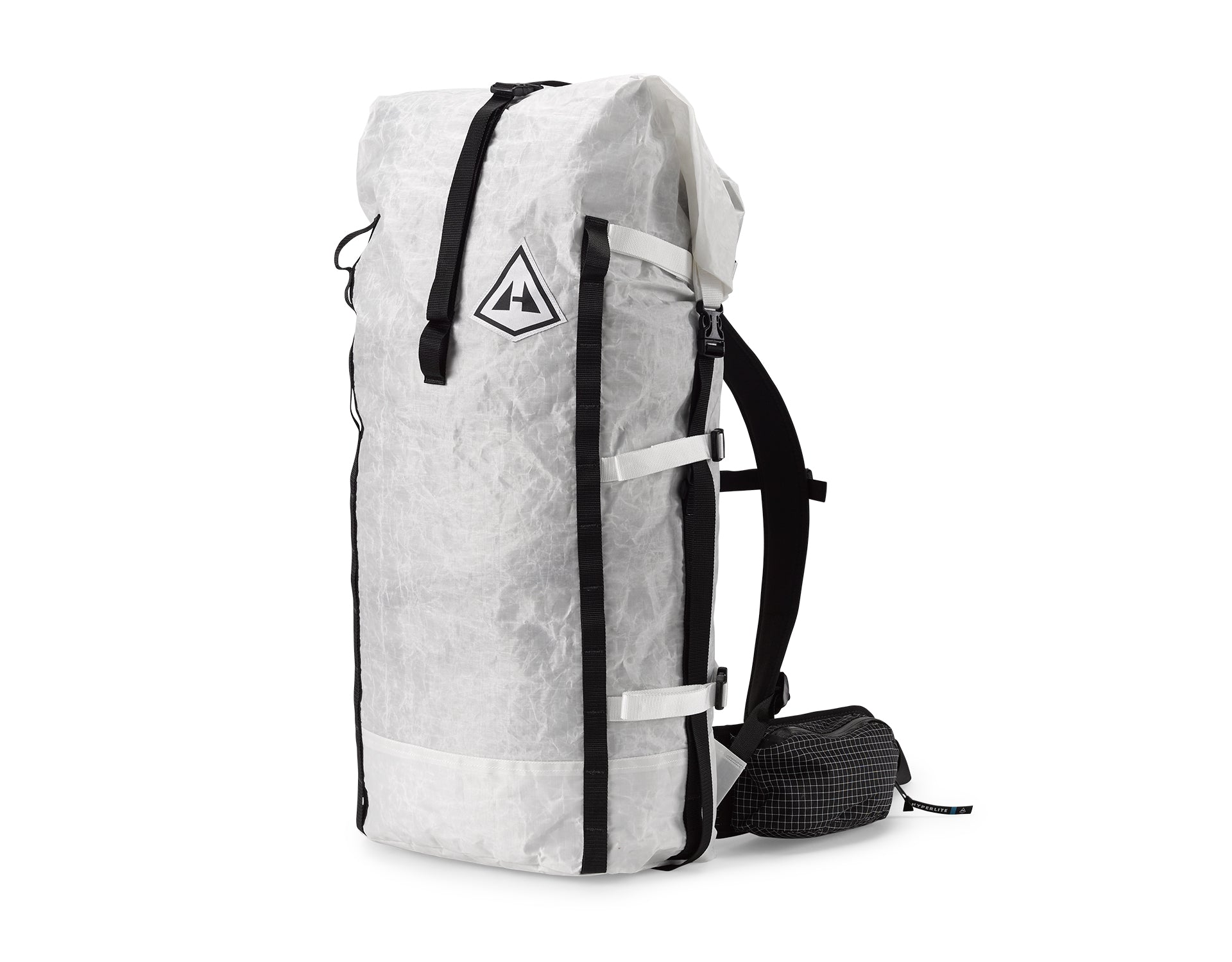 A white and black backpack on a white background.