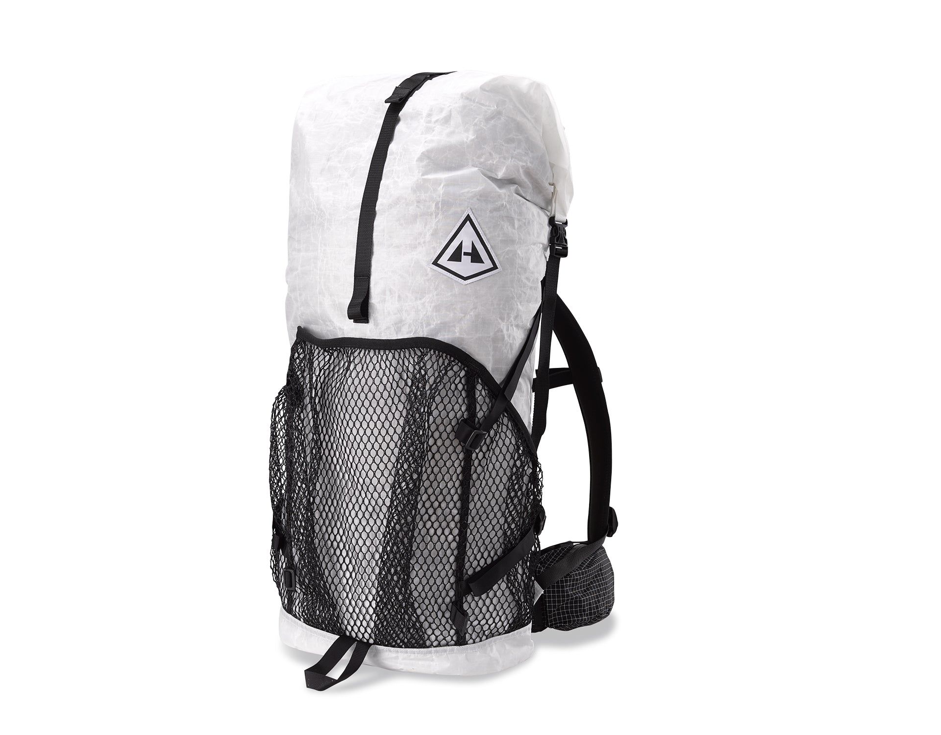 A white and black backpack on a white background.