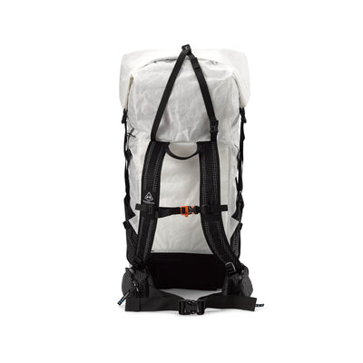 Back view of Hyperlite Mountain Gear's Southwest 70 Pack in White showing hip belt and straps