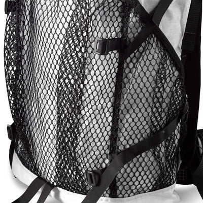 Detail shot of the external mesh pockets on Hyperlite Mountain Gear's Windrider 55 Pack in White